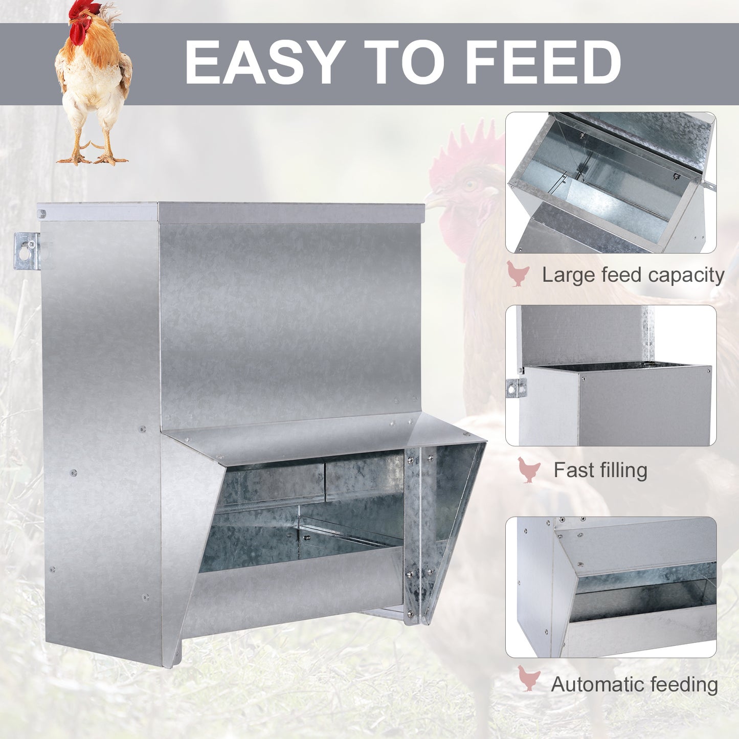 PawHut Automatic Chicken Feeder, No-Waste Poultry Feeder with Protective Lid for up to 4 Chickens, Holds 13 L of Feed