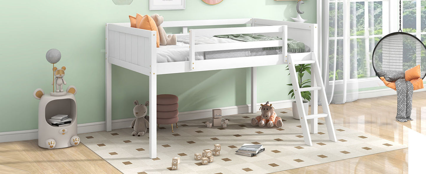 Twin Size Wood Low Loft Bed with Ladder, ladder can be placed on the left or right, White