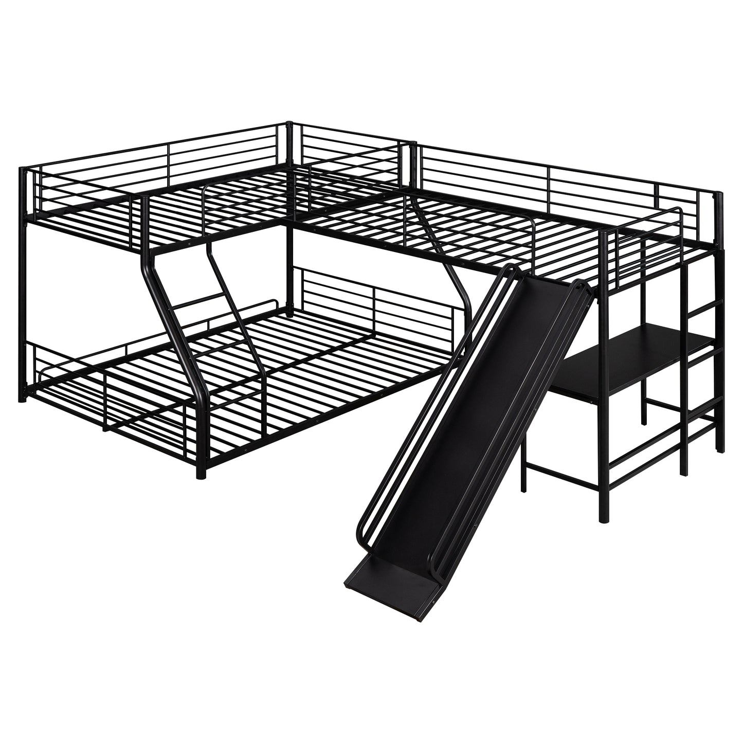 L-Shaped Twin over Full Bunk Bed with Twin Loft, Built-in Desk and Slide, Black Metal and MDF Frame, 117.4L x 77.6W x 53H inches