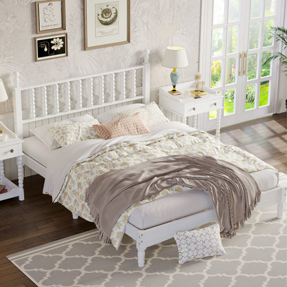 Queen Size Wood Platform Bed with Gourd Shaped Headboard,Retro Style Platform Bed with Wooden Slat Support,White