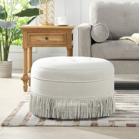 Yolanda 24' Round Upholstered Accent Ottoman, Alabaster Off White Tweed