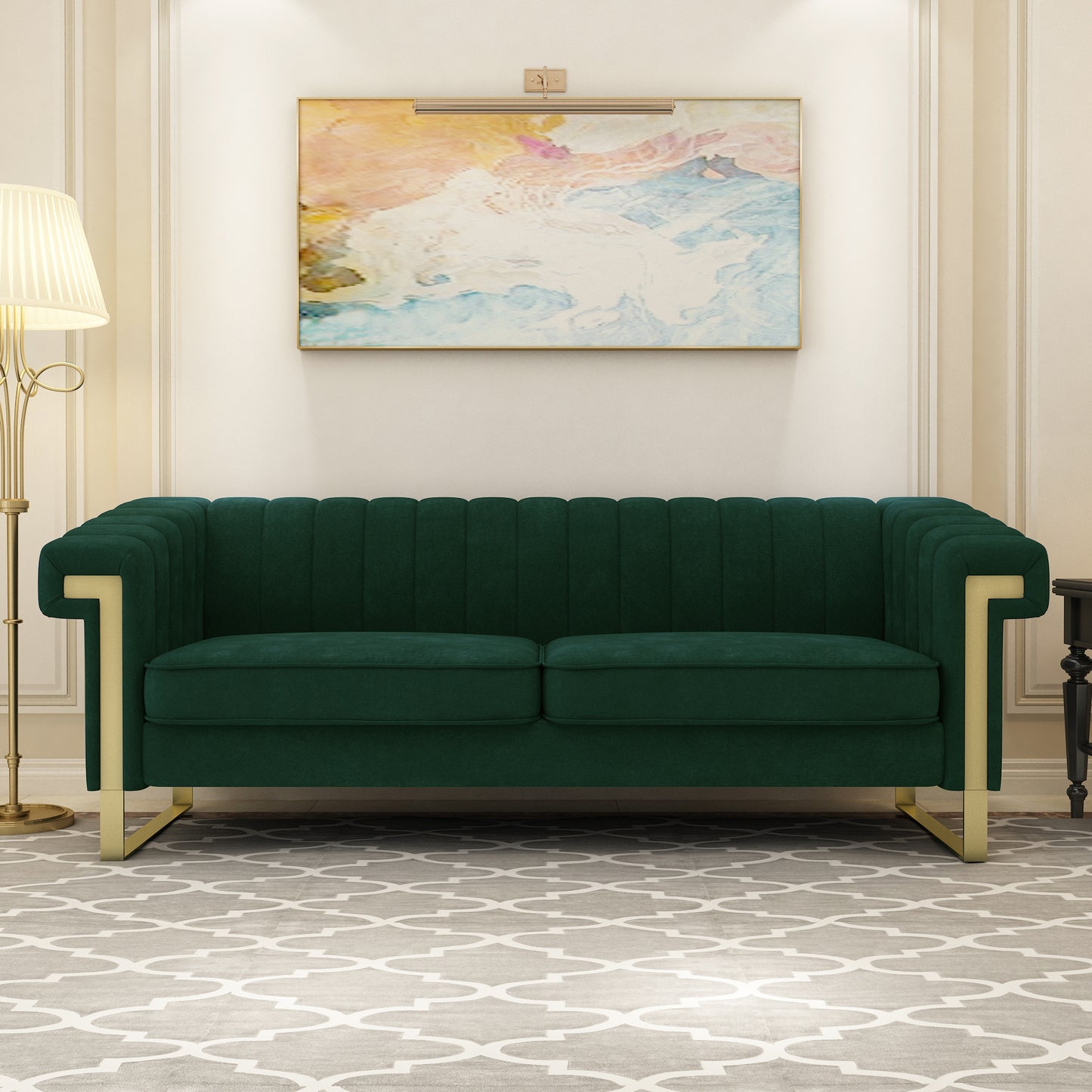 FX-P81-RG2  RETRO GREEN SOFA Modern Cream Velvet Sofa with Gold Accents - Sleek Channel-Tufted Upholstery, 3-Seat Couch for Living Room and Office Decor