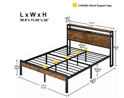 King Size Metal Platform Bed Frame with Wooden Headboard and Footboard with USB LINER, No Box Spring Needed, Large Under Bed Storage, Easy Assemble