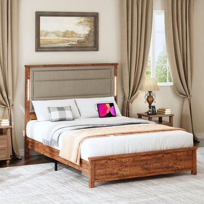 Queen Size Bed Frame with Upholstered Headboard, Queen Bed Frame with Charging Station and LED Lights, Wood Slats, Dark Gray Linen,  No Box Spring Needed, Easy Assembly