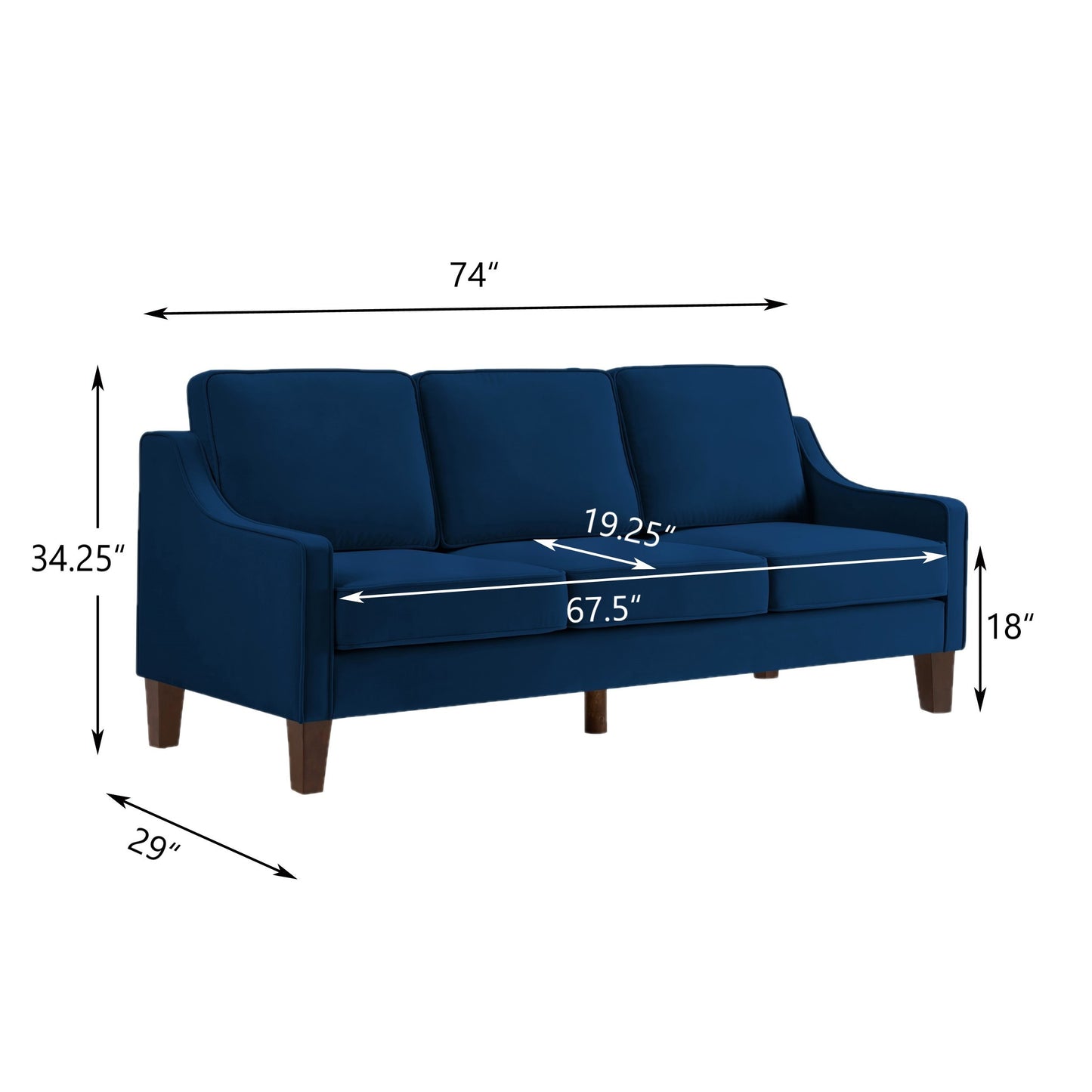 Modern 3 Person seat  Sofa Couch with Scooped Armrest/Wood legs,Upholstered Velvet 3-seat Sofa with Removable Cushions for Livingrooom Bedroom,Navy