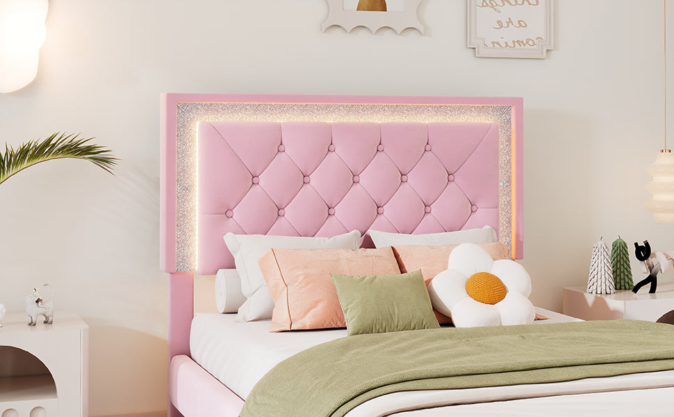 Twin Size Upholstered Bed Frame with LED Lights,Modern Velvet Platform Bed with Tufted Headboard,Pink