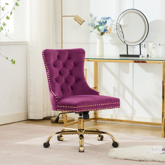 A&A Furniture Office Chair,Modern Velvet Upholstered Tufted Button Home Office Chair with Golden Metal Base,Adjustable Desk Chair Swivel Office Chair (Purple)