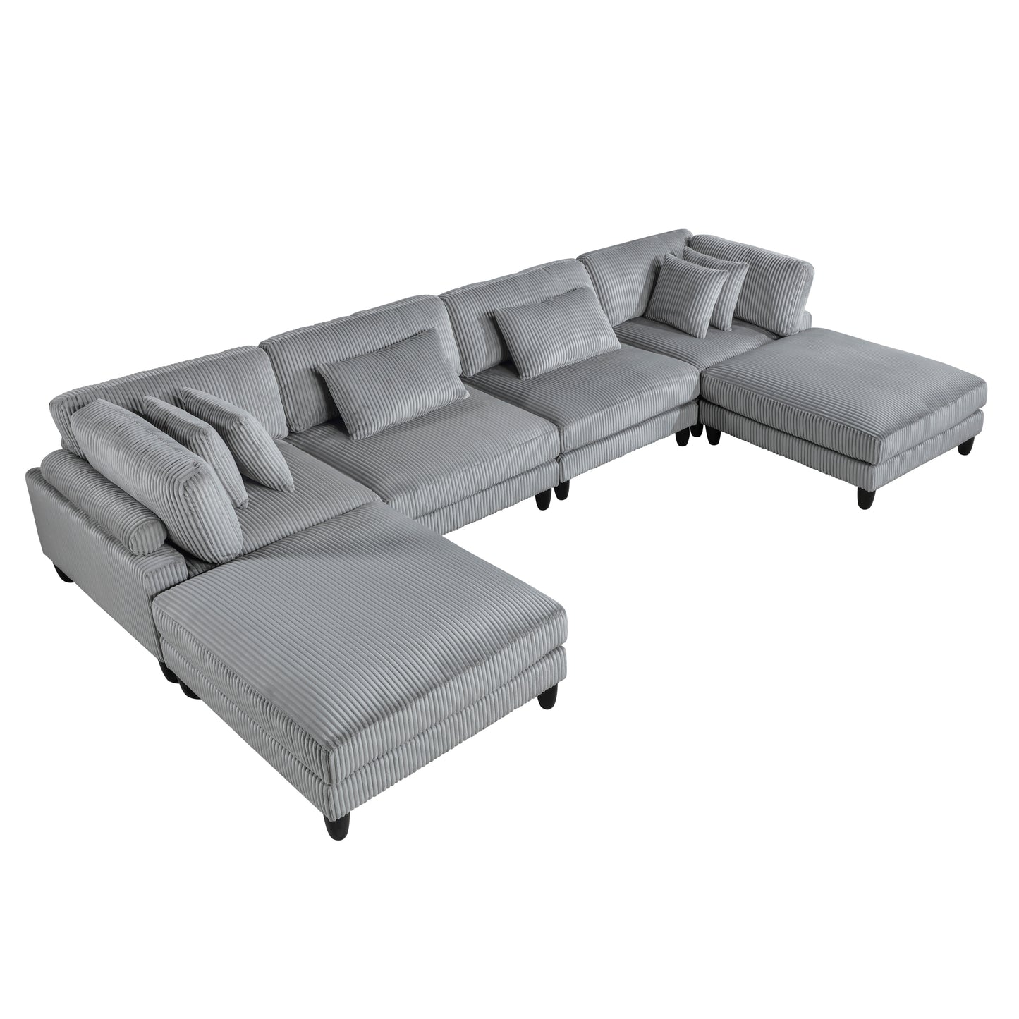 6pc Modular Sectional Set Gray Corduroy Upholstery 2x Armless Chairs 2x Corner Seats 2x Ottomans Pillows Living Room Furniture