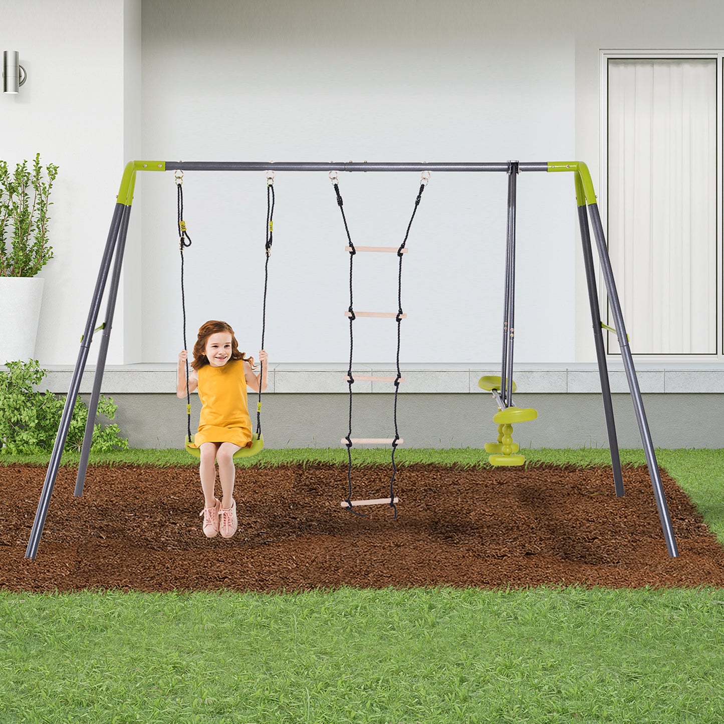 3 in 1 Kids Metal Swing Set for Backyard with Swing Seat, Glider and Climbing Ladder, Heavy Duty Metal Frame for 4 Children