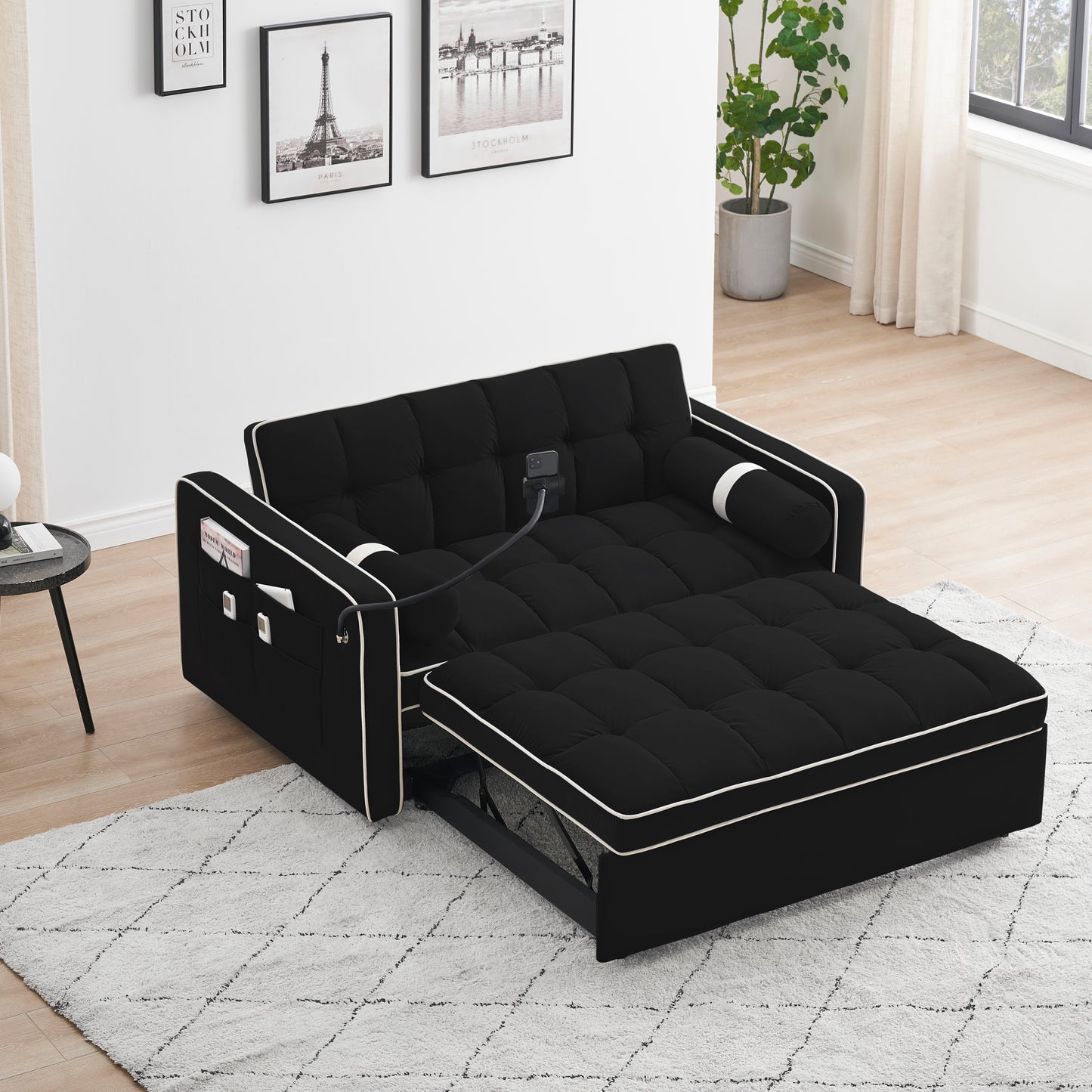 Sleeper Sofa Couch w/Pull Out Bed, 55" Modern Velvet Convertible Sleeper Sofa Bed, Small Love seat Sofa Bed w/Pillows & Side Pockets for Small Space, Living Room, Apartment,Black