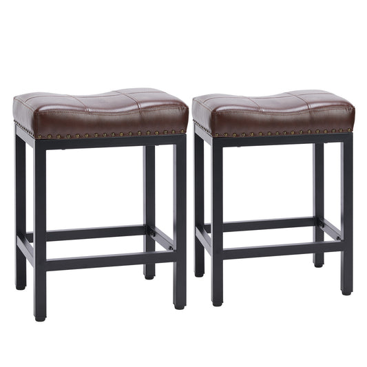 Modern table stool, stool, lounge stool, steel frame, leather seat cushion, brown, 2 packs