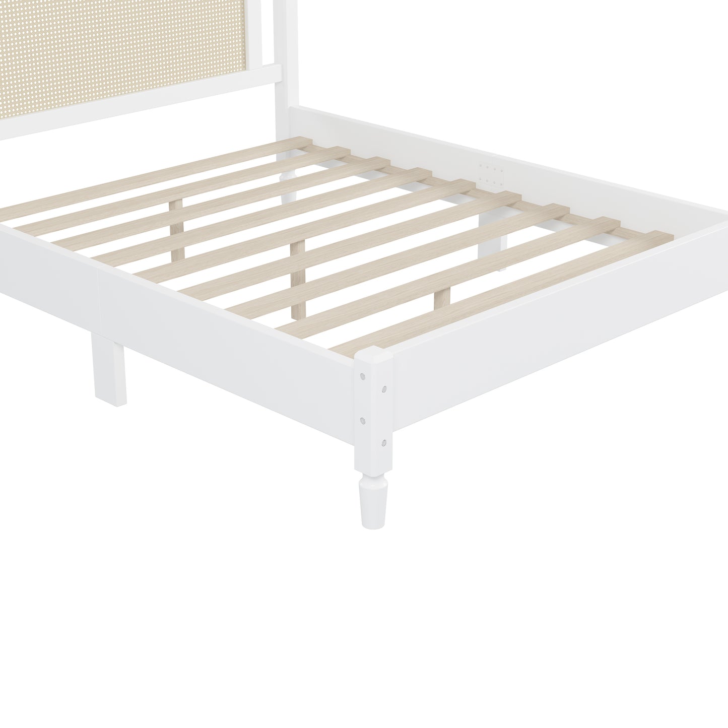 Queen Size Wooden Platform Bed with Natural Rattan Headboard, Vintage Bed Frame with Wooden Slat Support, White