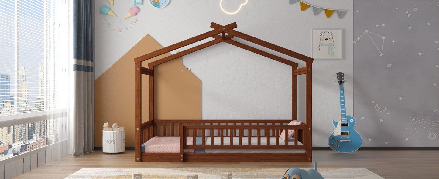 Twin Size Wood Bed House Bed Frame with Fence, for Kids, Teens, Girls, Boys, Walnut