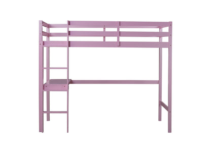 Twin High Loft Bed, Rubber Wood  Loft Bed with Safety Guardrail, built-in desk, ladder,Pink