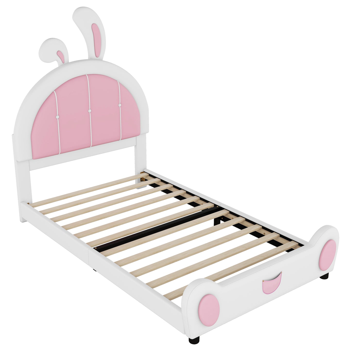 Twin Size Upholstered Platform Bed with Rabbit Shaped Headboard, White