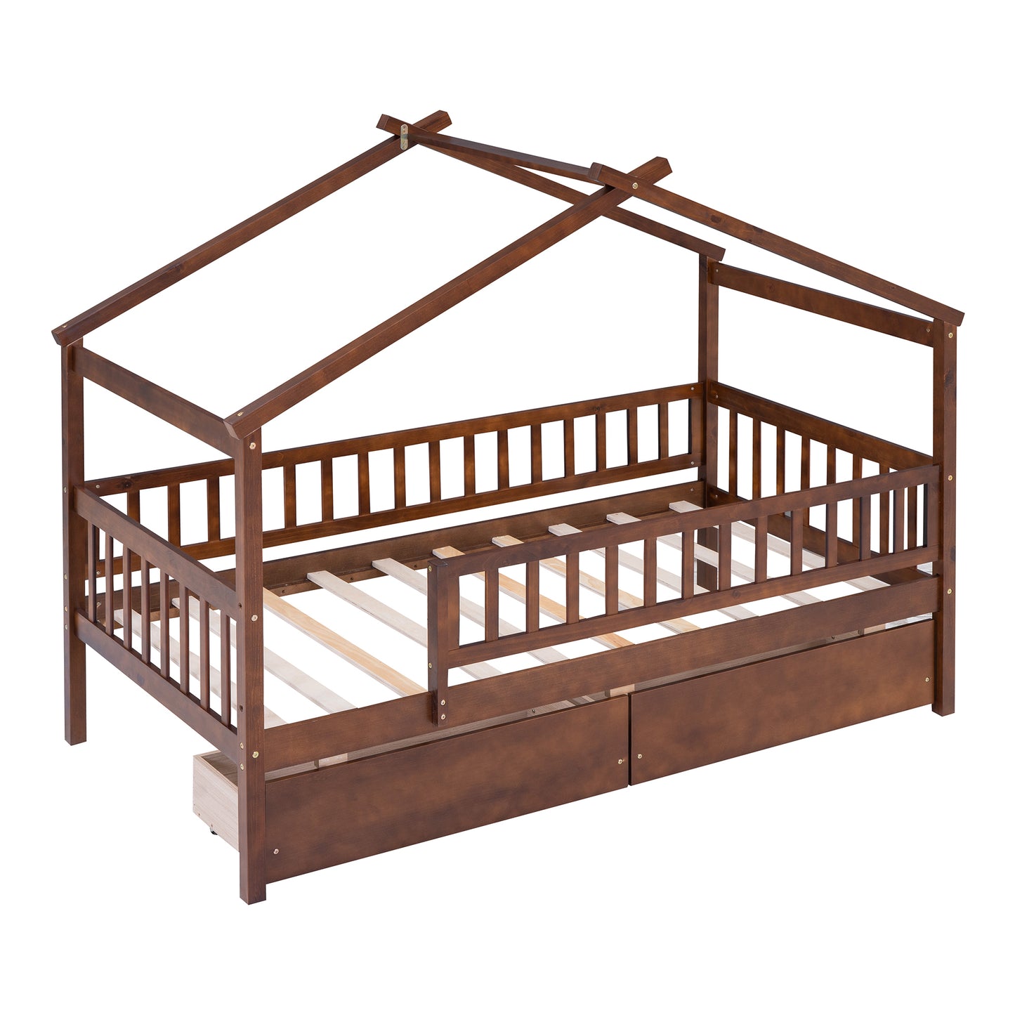Twin Size Wooden House Bed with Two Drawers, Walnut