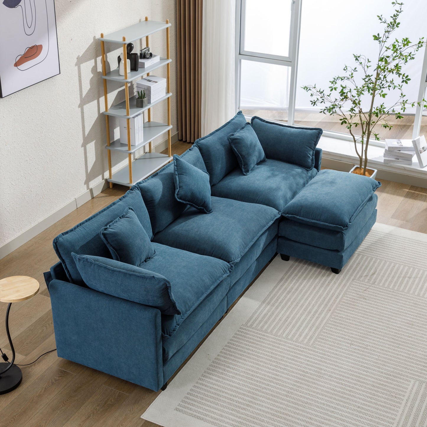 112.2" L-Shape Chenille Upholstered Sofa for Living Room Modern Luxury Sofa Couch with Ottoman, 5 Pillows, Blue