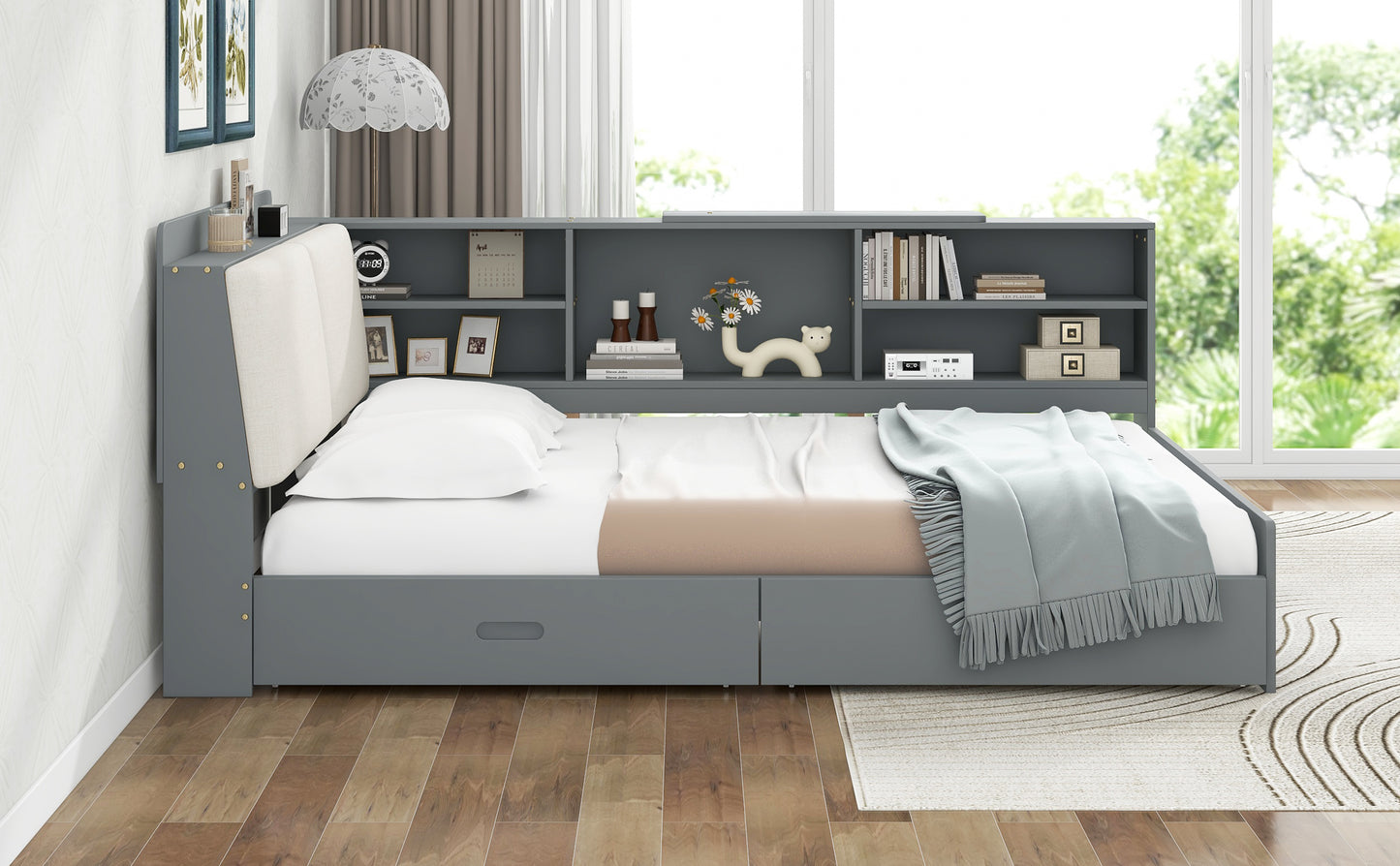 Wood Full Size platform bed with Storage Headboard, Shelves and 2 Drawers, Gray