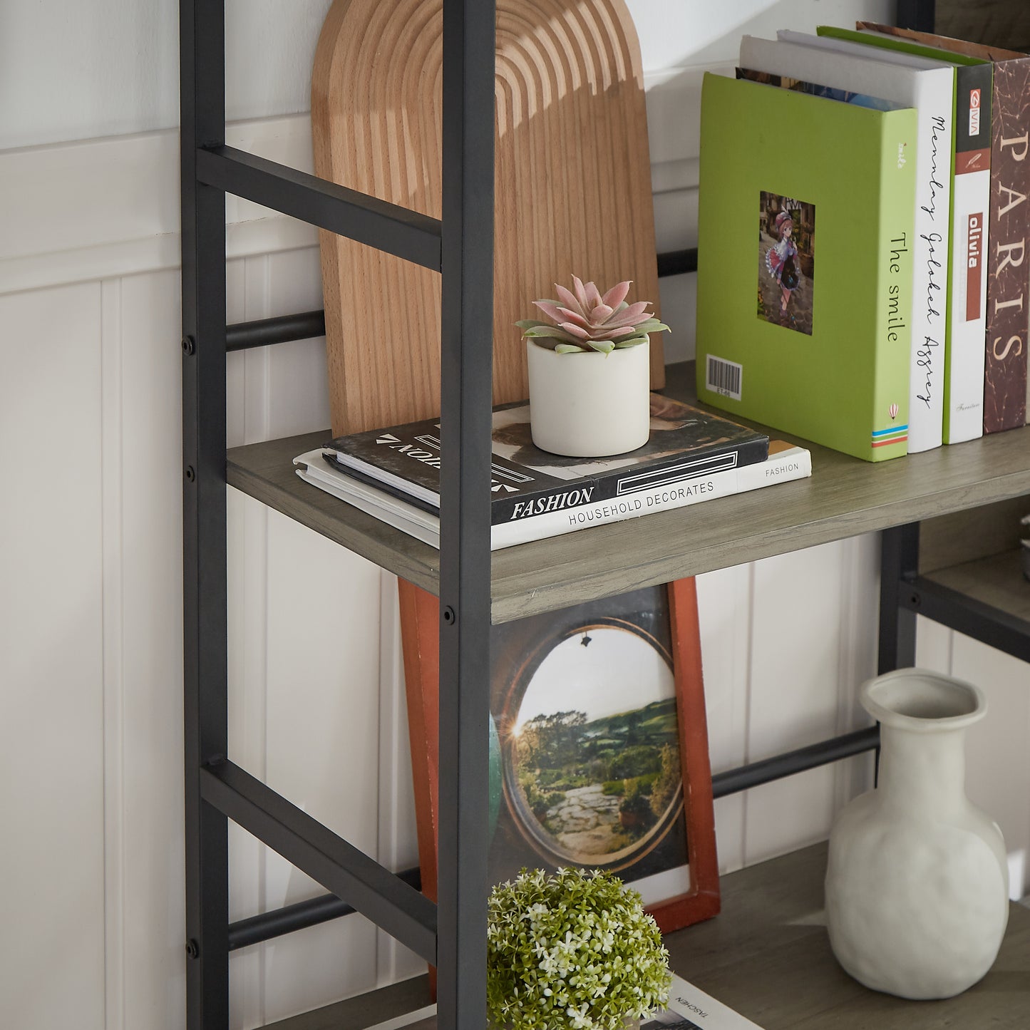 Triple Wide 5-shelf Bookshelves Industrial Retro Wooden Style Home and Office Large Open Bookshelves, Grey, 69.3"W x 11.8"D x 70.1"H