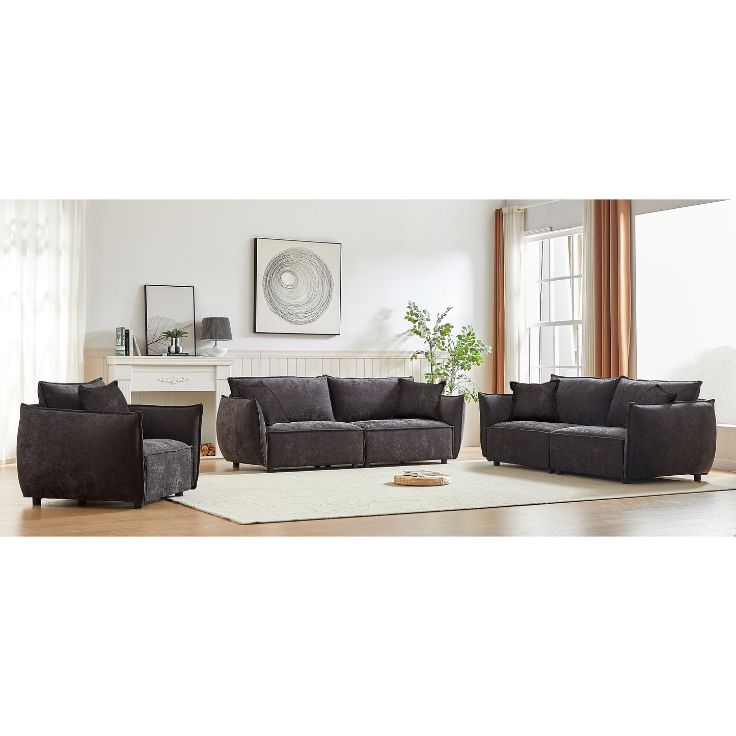 3-Seater + 3-Seater + 1-Seater Combo Sofa Modern Living Room Sofa, Linen Fabric Sofa, Wooden Frame with 5 Pillows, Apartment Sofa Furniture