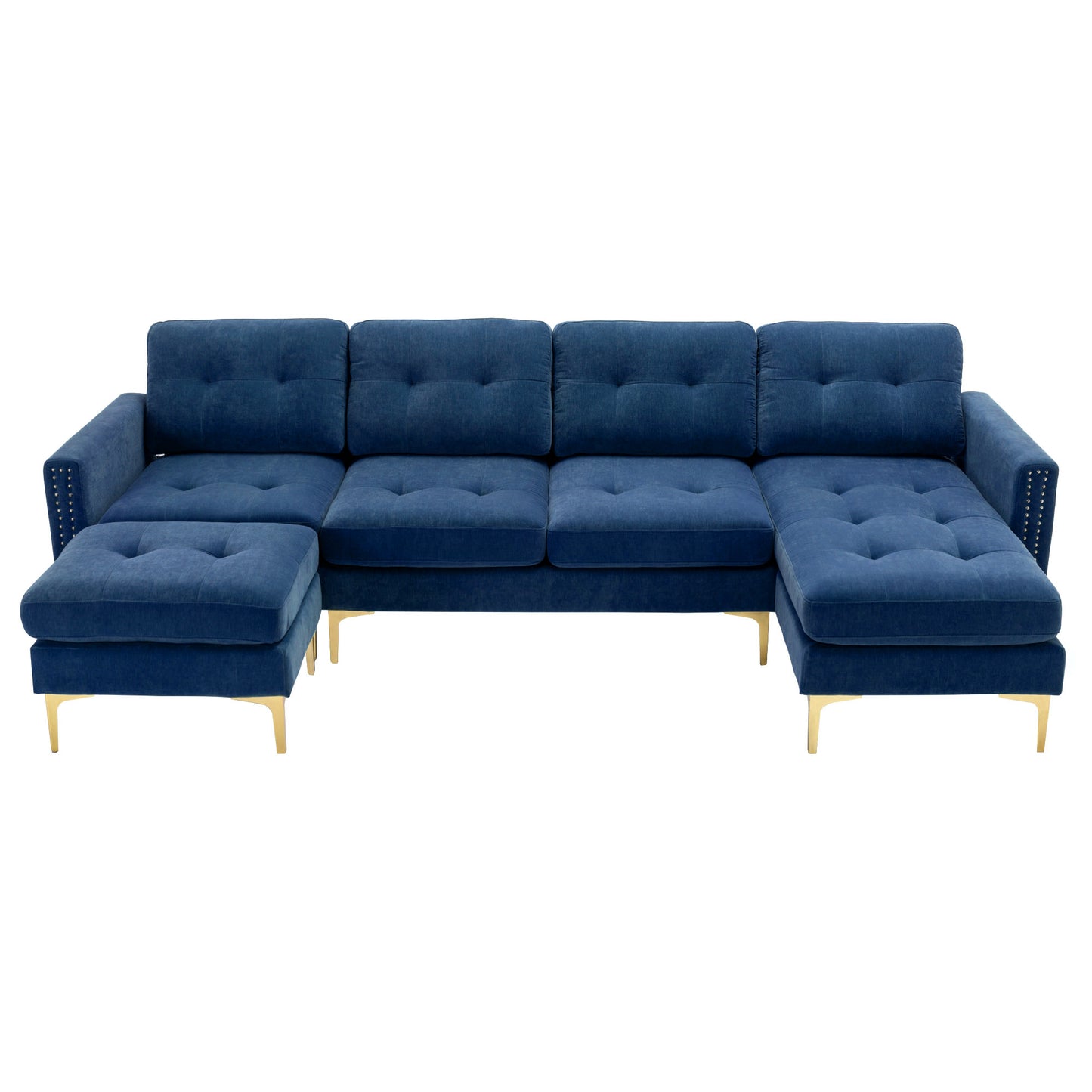 Elegant Convertible L-Shape Sectional Sofa Couch with Movable Ottoman, Velvet Upholstery, Blue