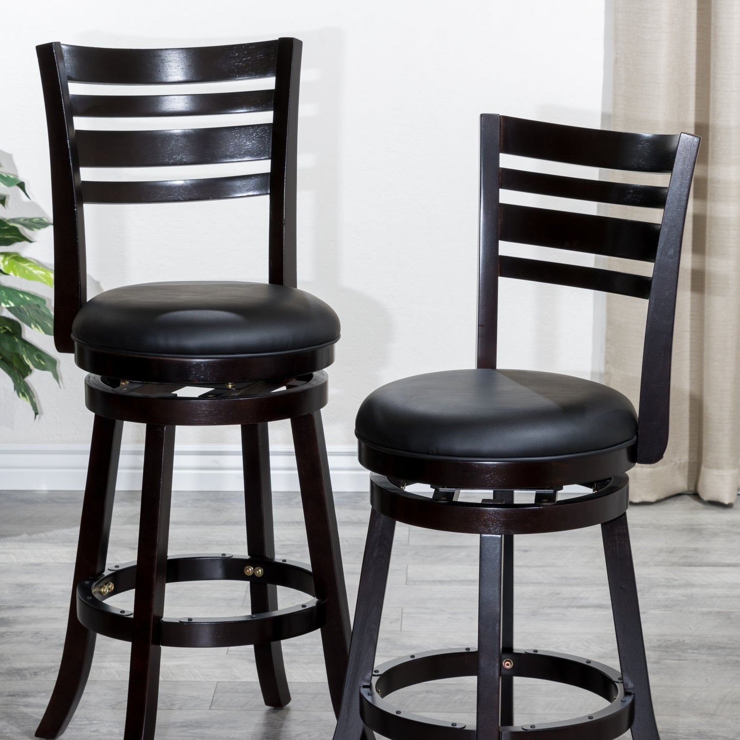 24" Counter Height Slat Back Swivel Stool, Espresso Finish, Black Leather Seat