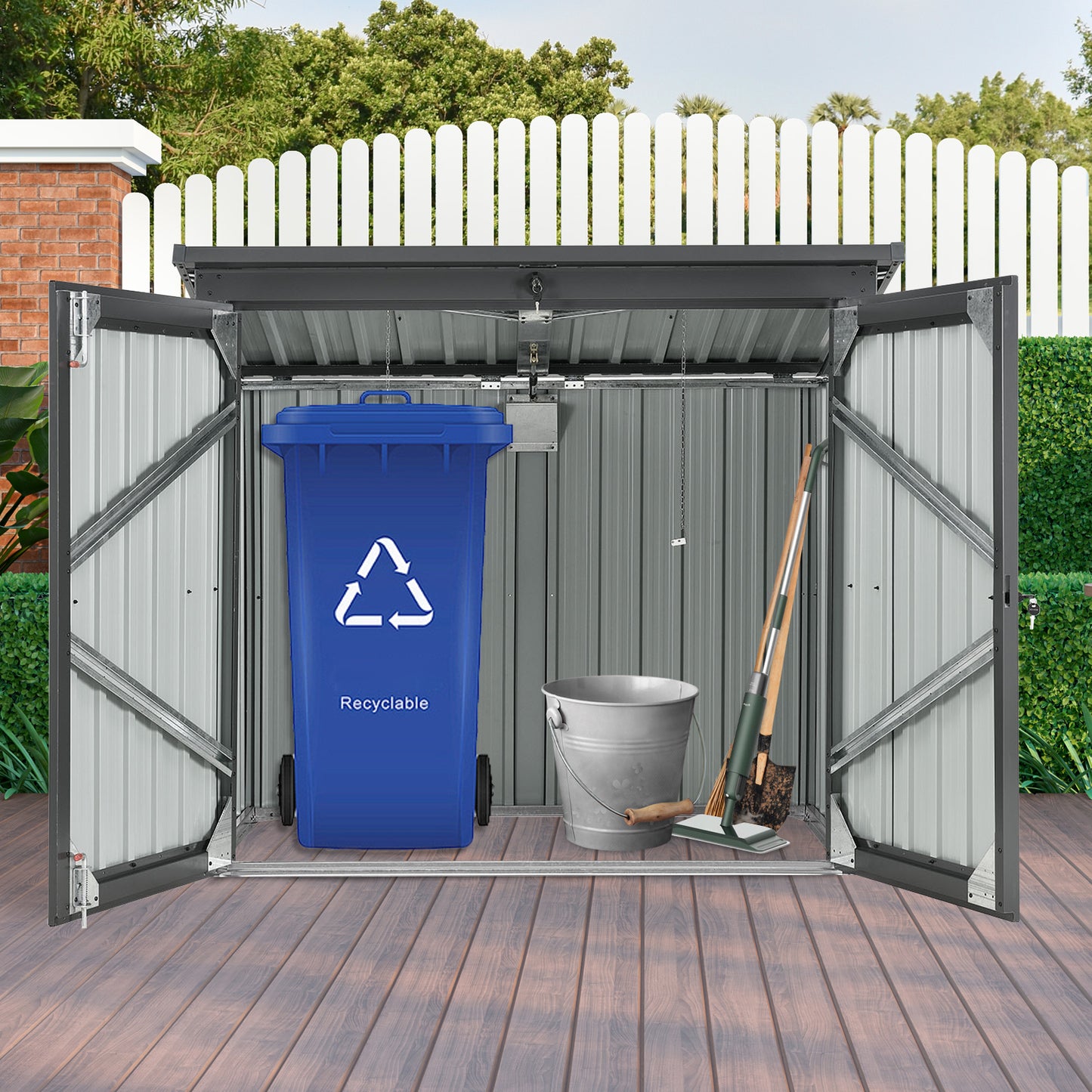 Garbage Bin Shed Stores 2 Trash Cans Metal Outdoor Bin Shed for Garbage Storage,Stainless Galvanized Steel, Bin Shed for Garden Yard Lawn, Black