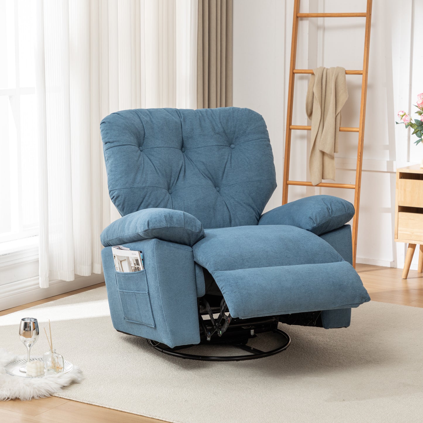 Blue Relaxing Recliner Chair,Soft Artificial Fleece, Overstuffed, Swivel, Glider, Side Pocket