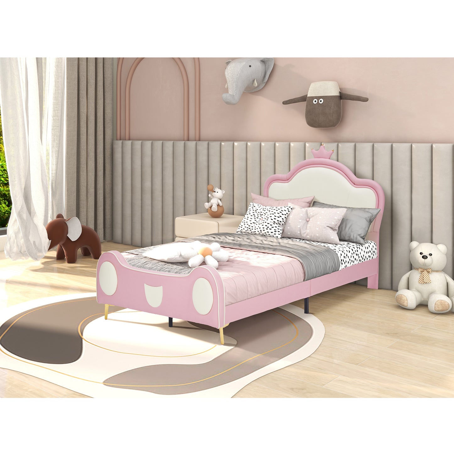 {NEW}Twin Size Princess Bed with Crown Headboard, PU Upholstered Platform Bed , Twin Size Bed Frame with Bed-End Storage Pocket for Kids Girl, No Spring Box Needed, Easy Assembly, Pink