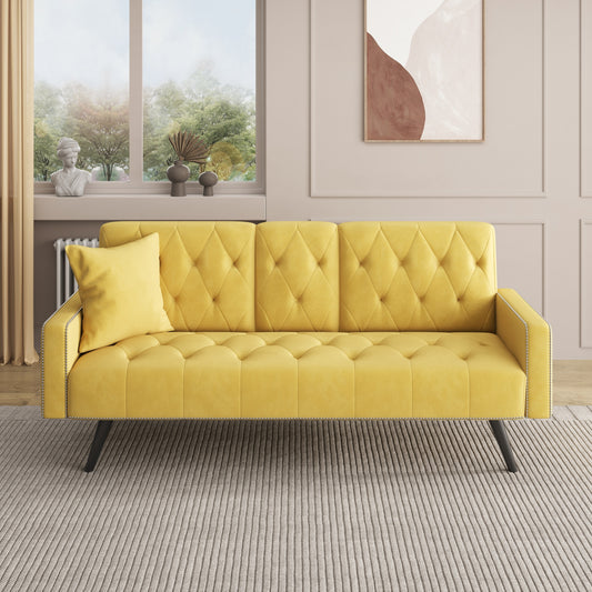 Compact Yellow Velvet Sofa Bed with Nailhead Trim Armrests & Dual Cup Holders - Perfect for Small Spaces, 72-Inch Length