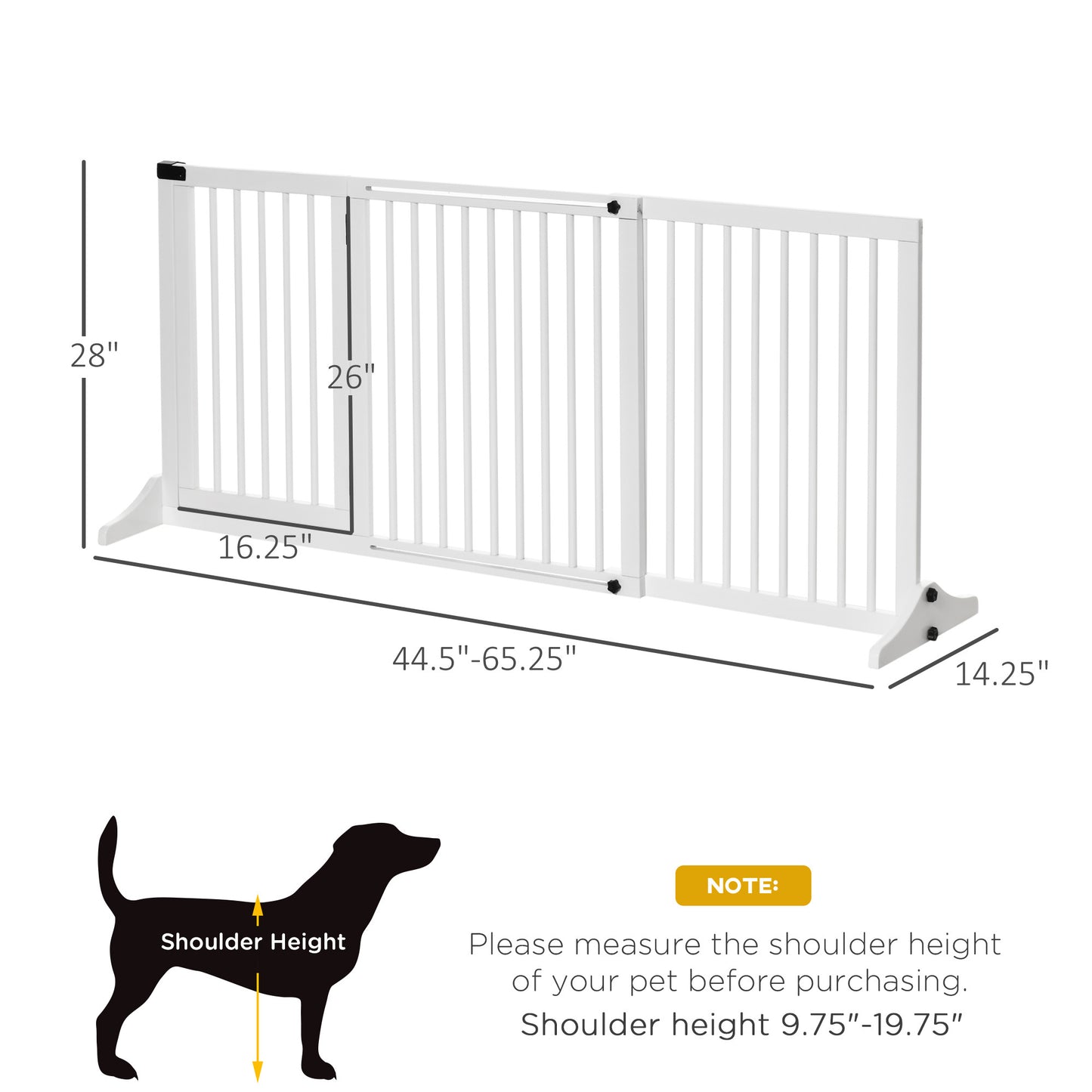 PawHut Adjustable Wooden Pet Gate, Freestanding Dog Fence for Doorway, Hall, 3 Panels w/ Safety Barrier, Lockable Door, White, 44.5"-65.25" L x 14.25" H