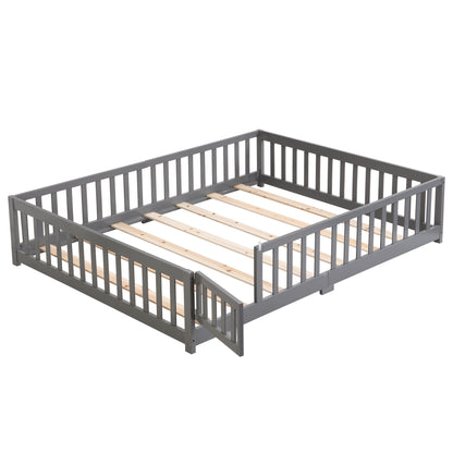 Queen Size Floor Bed with Door,Solid Wood Platform Bed Frame with Fence,Suitable for children,Pine Wood,Gray