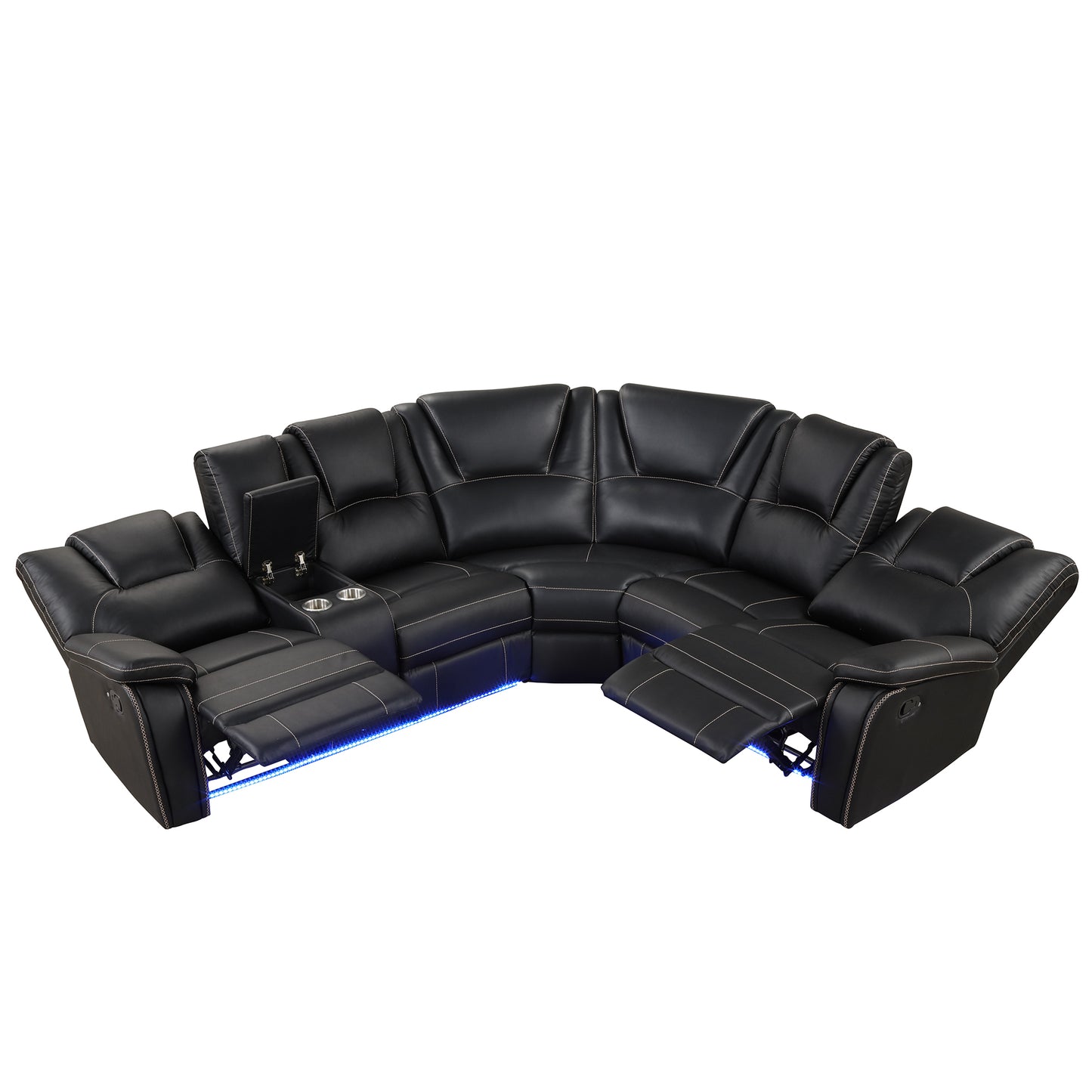 Modern Faux Leather Manual Reclining with Center Console with LED Light Strip,Living Room Furniture Set,PU Symmetrical Couch with 2 Cup Holders and Storage for Living room,Black