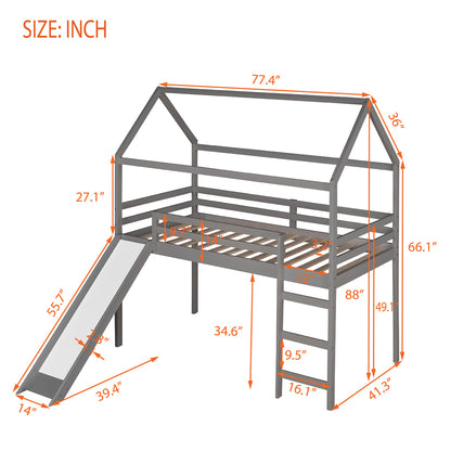 Twin Loft Bed with Slide, House Bed with Slide,Gray(OLD SKU :WF286245AAE)