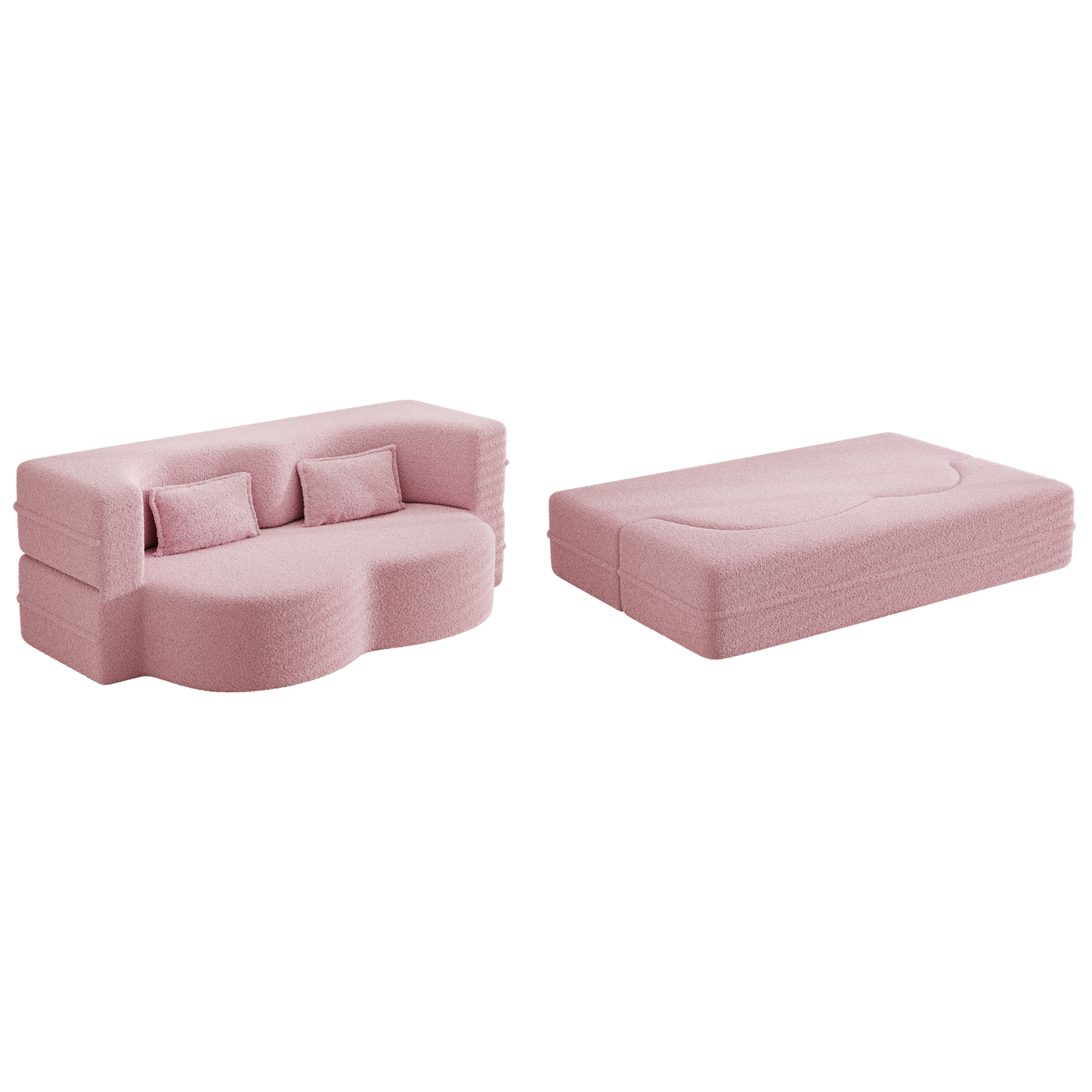 Modern Floor Sofa with 2 Pillows,Convertible Teddy Fabric Foam-Filled Sleeper Sofa Bed,15" Full Size Folding Mattress for Living Room,Guest Bed,Playroom,no assembly required,Pink(Old Sku:W1885P190391