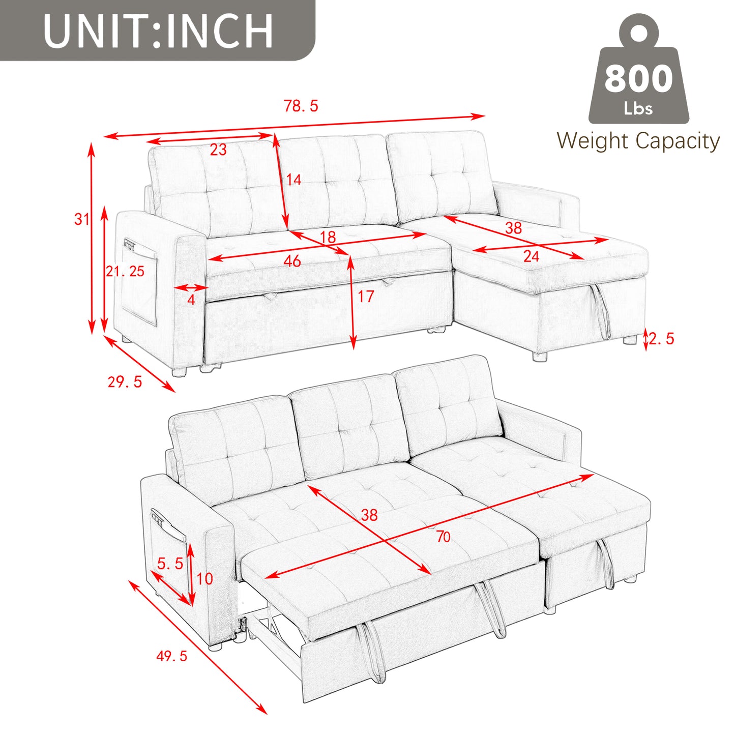 MH 78.5" Sleeper Sofa Bed Reversible Sectional Couch with Storage Chaise and Side storage bag for Small Space Living Room Furniture Set