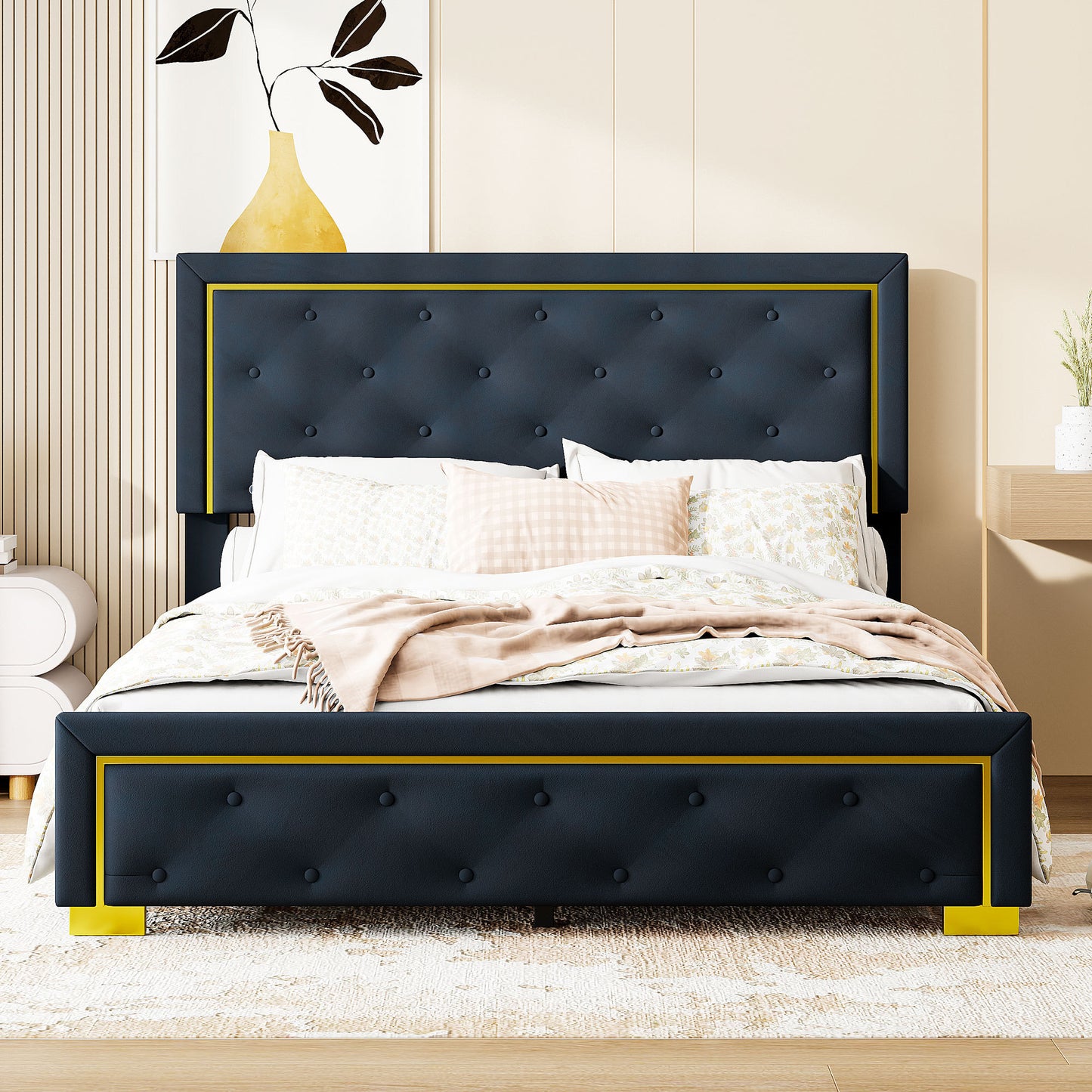 Queen Size Upholstered Platform Bed With Pull Point Headboard And Metal Wire Frame At The Head And Foot Of The Bed, Metal Feet, Velvet, Black