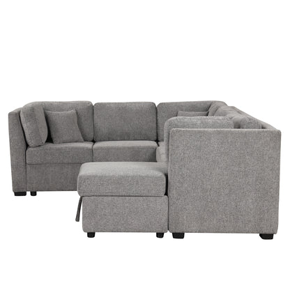 108.6" U-shaped Sectional Sofa Pull out Sofa Bed with Two USB Ports, Two Power Sockets, Three Back Pillows and a Storage Chaise for Living Room, Light Gray