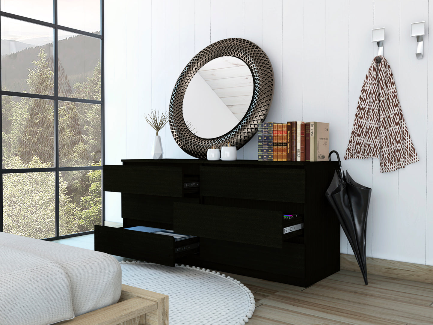 Asteria 6 Drawer Double Dresser, Metal Handles -Black