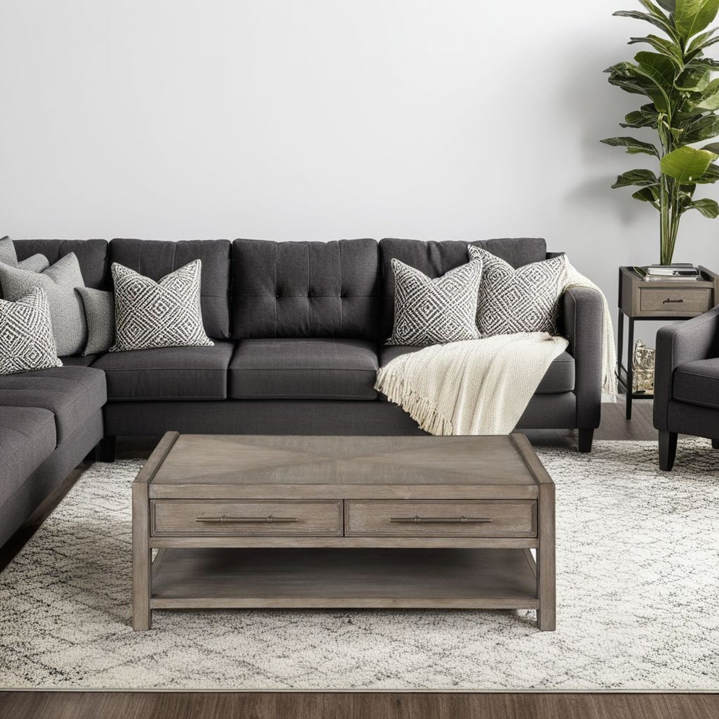 50 inch Coffee Table, No Assembly Required, White Oak Finish