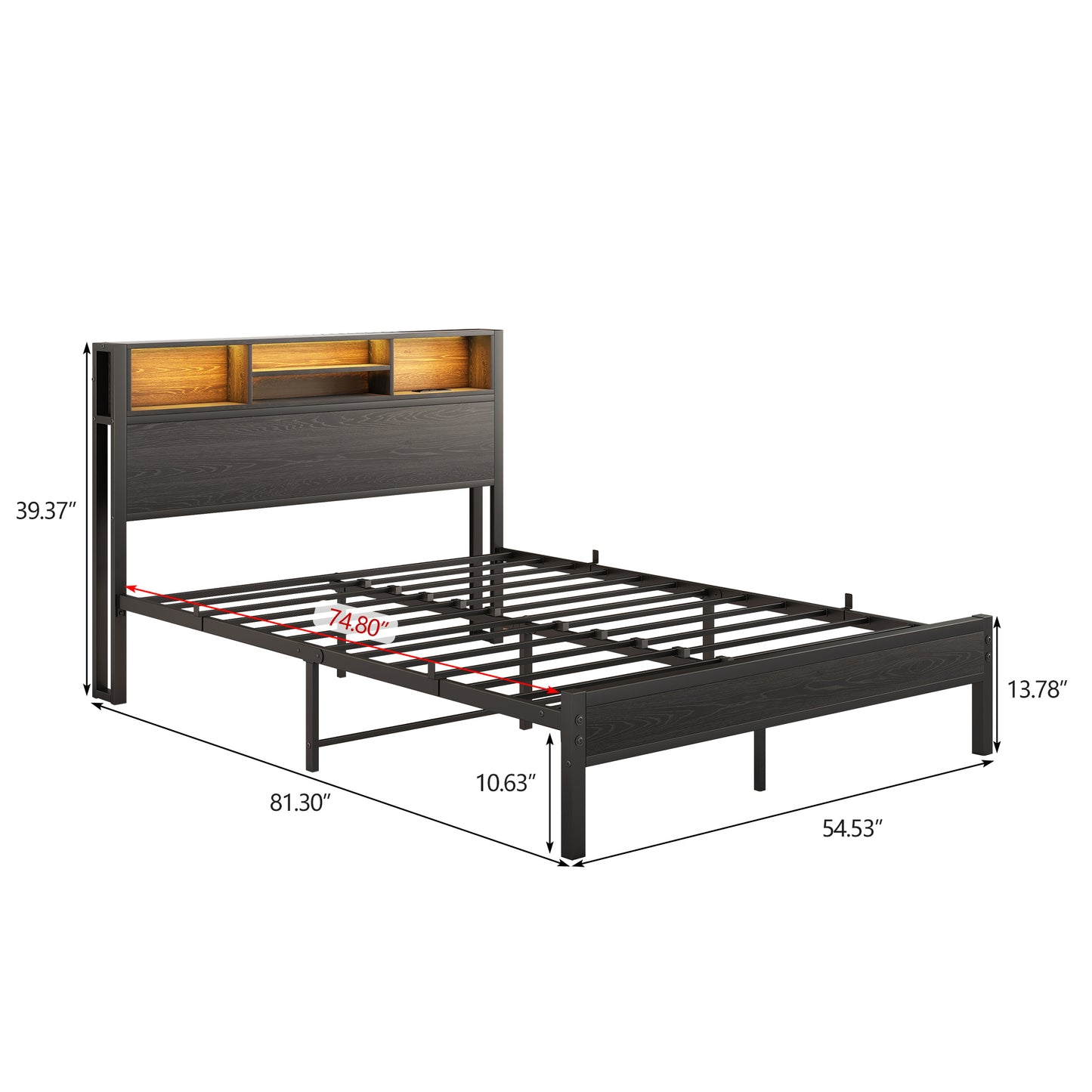 Full Size Bed Frame with Storage Headboard, Metal Platform Bed with Charging Station,  Bookcase Storage, No Box Spring Needed, Easy Assembly, Noise-Free, Black