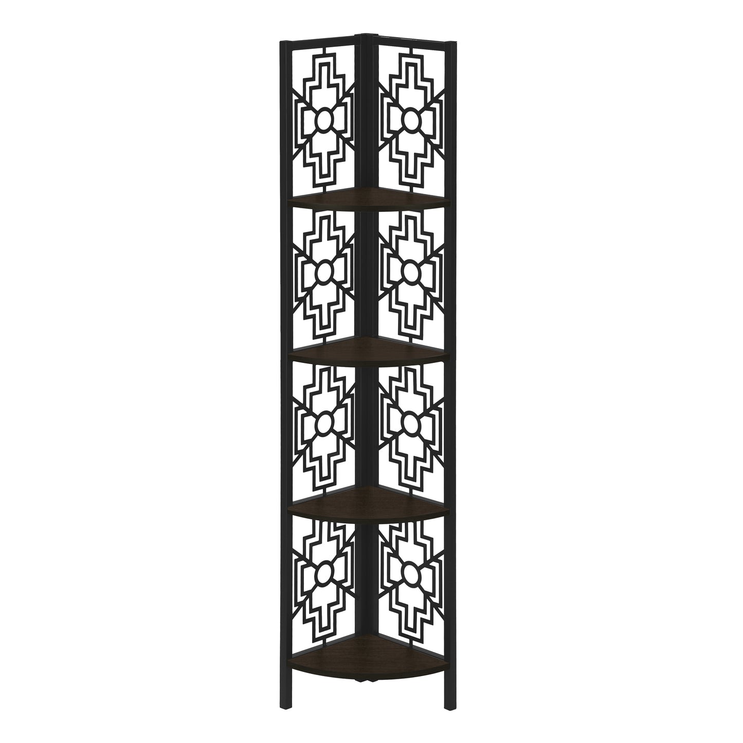 Bookshelf, Bookcase, Etagere, Corner, 4 Tier, 62"h, Office, Bedroom, Brown Laminate, Black Metal, Transitional