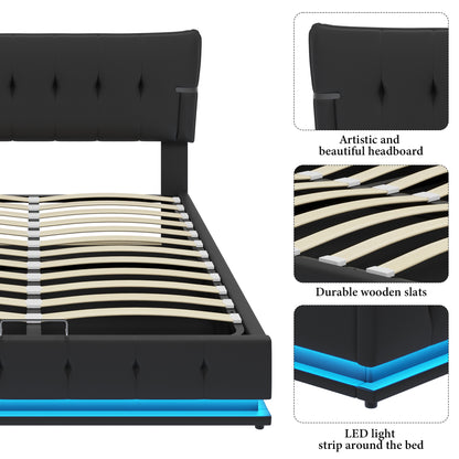 Upholstered Platform Queen Size Hydraulic Storage Bed, Lift Up Storage Bed with RGB LED Light, PU Leather Headboard and Footboard, No Box Spring Needed, Black