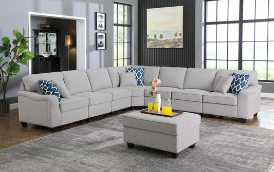 Leo 125" Light Gray Linen 8Pc Modular L-Shape Sectional Sofa and Ottoman