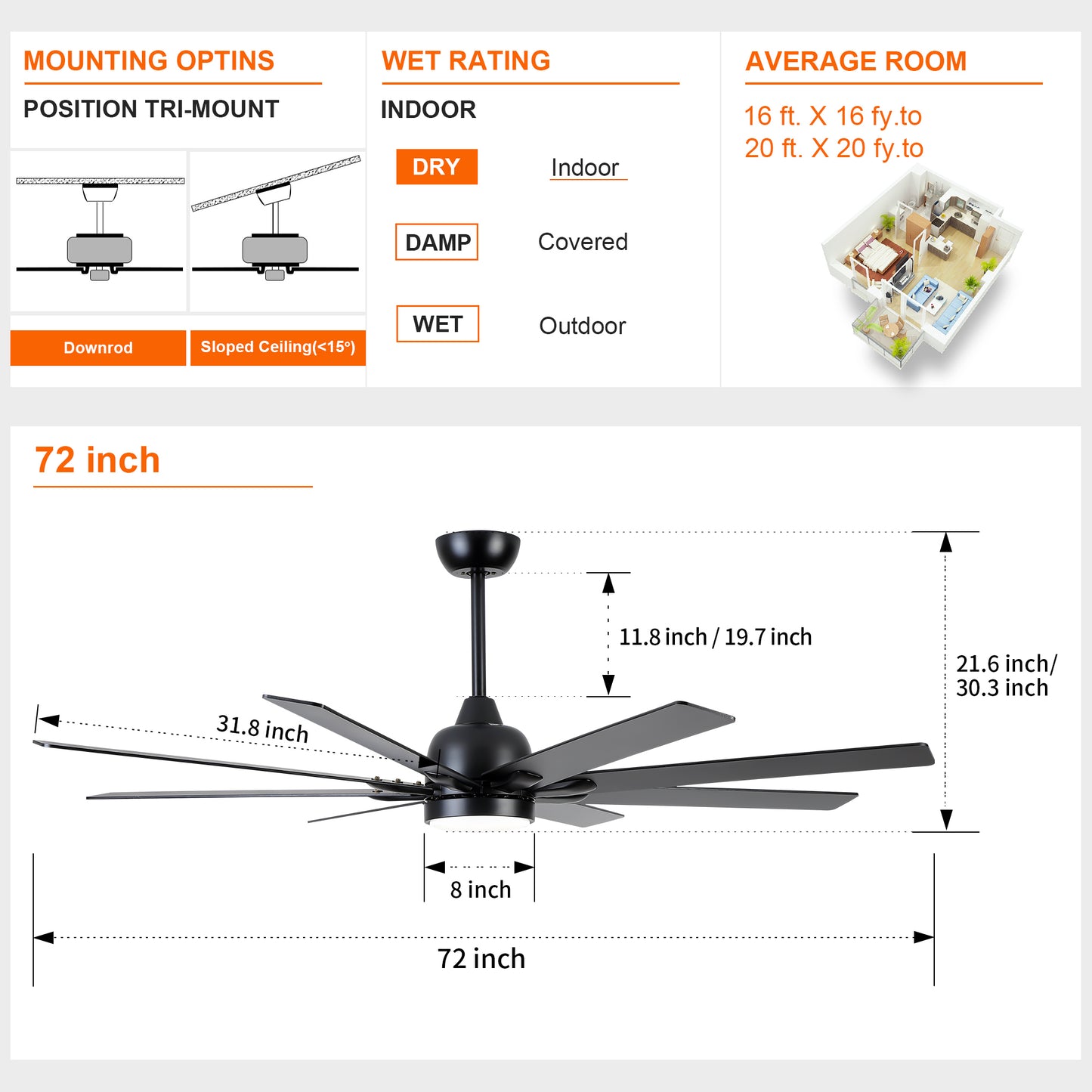 72 In Modern Integrated LED Lighting with Remote Control