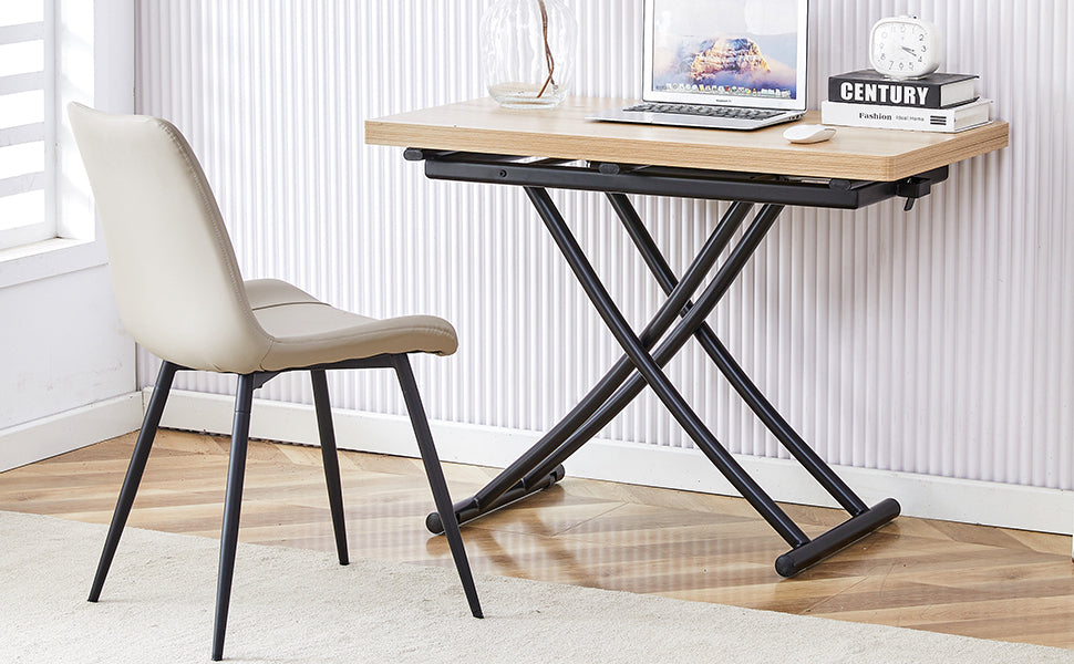 Modern minimalist multifunctional lift table with 0.8-inch MFC tabletop and black metal legs, can be used as dressing table, coffee table, dining table, and office desk.  LT-10055