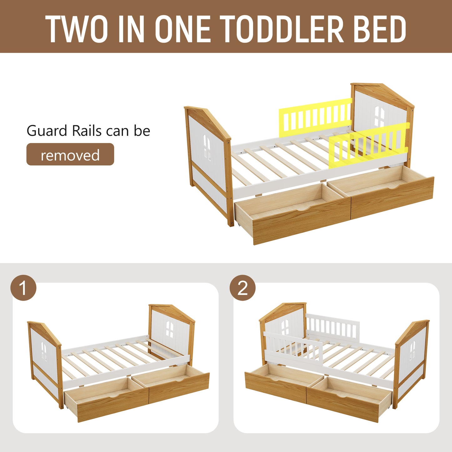 Twin Size House Shape Bed with Drawers and Safety Fence Guardrails Bed Toddler Bed for Girls Boys,No Box Spring Needed, Walnut and White