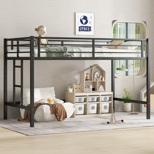 Twin Size Metal Loft Bed, Loft Bed with Easy Climbing Ladder and Guardrails for Kids, Black