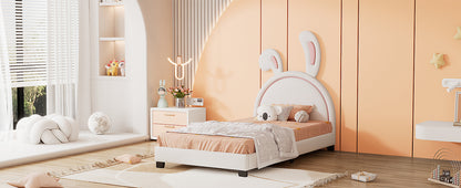 Twin Size Upholstered Leather Platform Bed with Rabbit Ornament, White