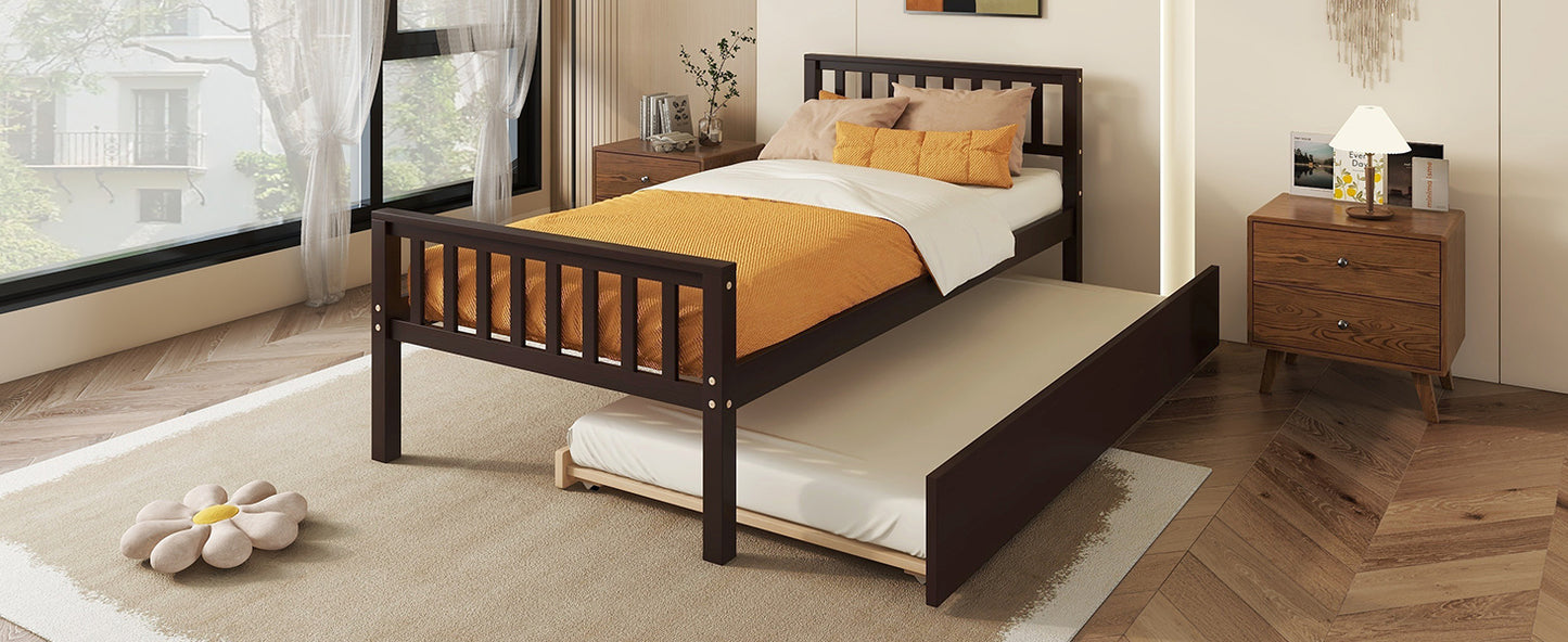 Twin Bed with Trundle, Platform Bed Frame with Headboard and Footboard, for Bedroom Small Living Space,No Box Spring Needed,Espresso(Old SKU:W50440557)